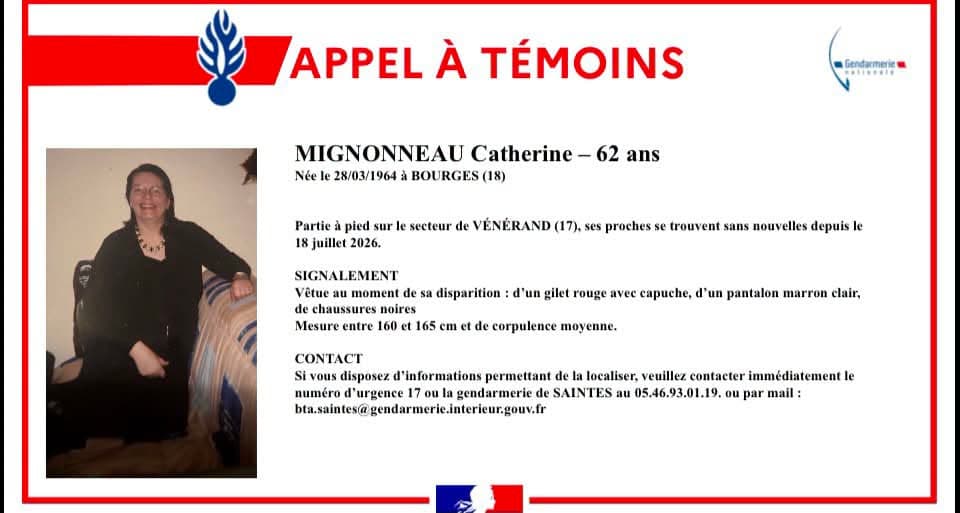 Disparition inquiétante en Charente-Maritime : la gendarmerie lance un appel à témoins pour retrouver une sexagénaire